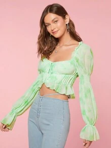 Enchnt Women Blouses Ruffle Hem Shirred Ruched Bust Plain All Over Print Boho - Hijau - View 4