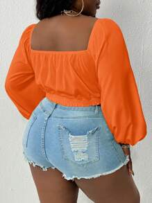 Slaydiva Cộng với áo crop top dài tay buộc phía trước mùa hè - trái cam - Xem 3