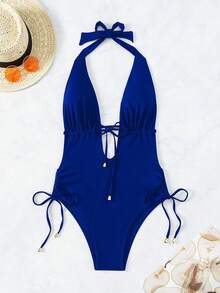 Swim Vcay 女士純色深V領一件式泳衣，前扣綁帶，開放式背部，領口綁帶適合度假 - 寶藍色 - 查看 4