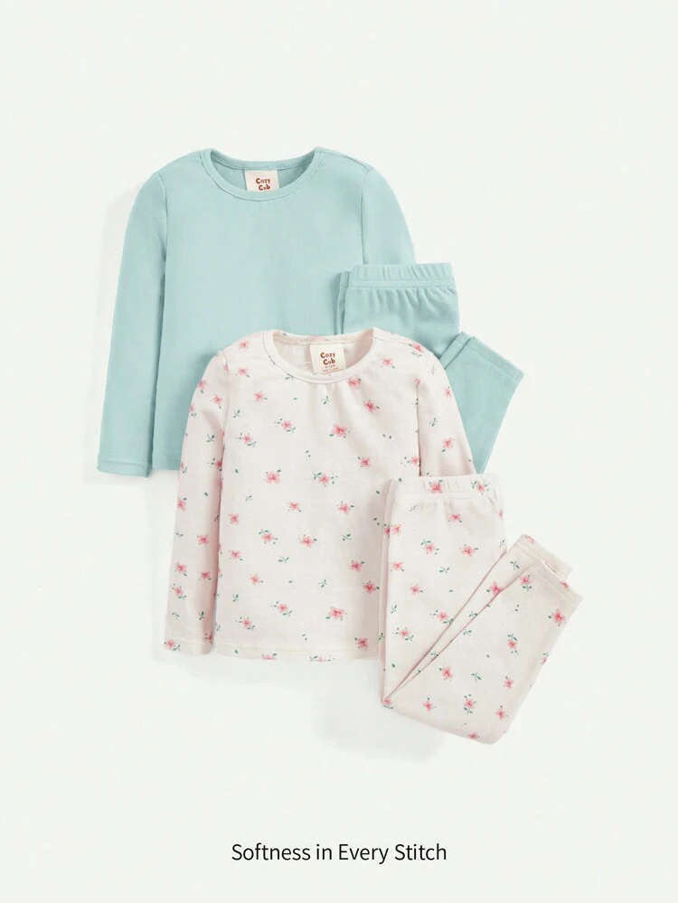 Baby Girl Casual Style Round Neck Top And Long Pants Snug Fit Pajama Set 4pcs Matching Set