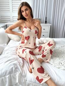 Women Heart Printed Camisole And Long Pants Pajama Set