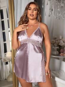 Plus Size Màu Trơn Phối Ren Dây Đeo Chéo Váy Ngủ Pyjama - Bụi tím - Xem 5