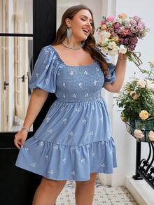 Simplee Women's Plus Size Embroidered V-Neck Dress With Empire Waist For Summer - Blue - View 6