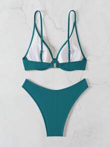 SHEIN Swim 女士夏季沙灘實色肋紋簡約日常比基尼套裝 - 墨綠色 - 查看 2