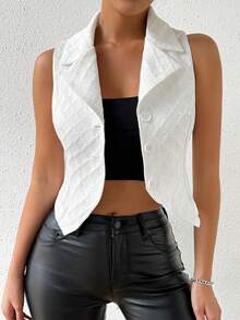 Chiquease Women Fashionable Textured Button-Front Solid Color Sleeveless Blazer - White - View 6