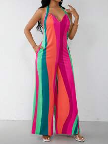 Lyxana Women Colorblock Halter Wide-Leg Jumpsuit With Belt Summer Vacation