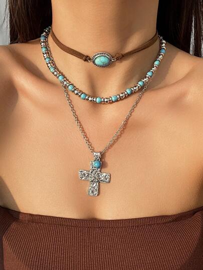 Hippie Conjunto de collar de cuentas turquesas en forma de cruz con decoración al estilo hippie occidental cowboy, incluye 3 piezas