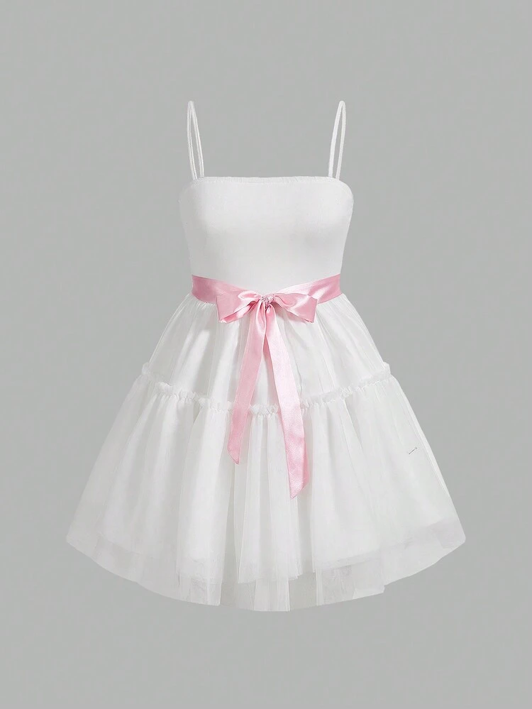 Summer Bow Detail Embellished Splicing Mesh Ruffle Hem A-Line Spaghetti Strap Dress