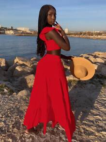 Slaydiva Vacation Cap Sleeve Whipping Camisole Top And Long Layered Summer Skirt - Red - View 4
