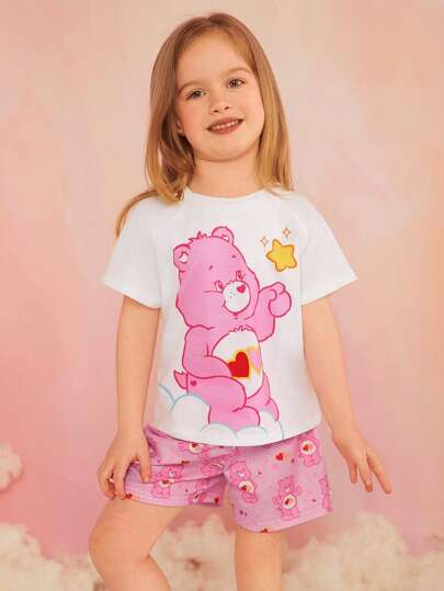 SHEIN X Care Bears 女孩粉色熊&星印花針織圓肩袖上衣和短褲睡衣套裝