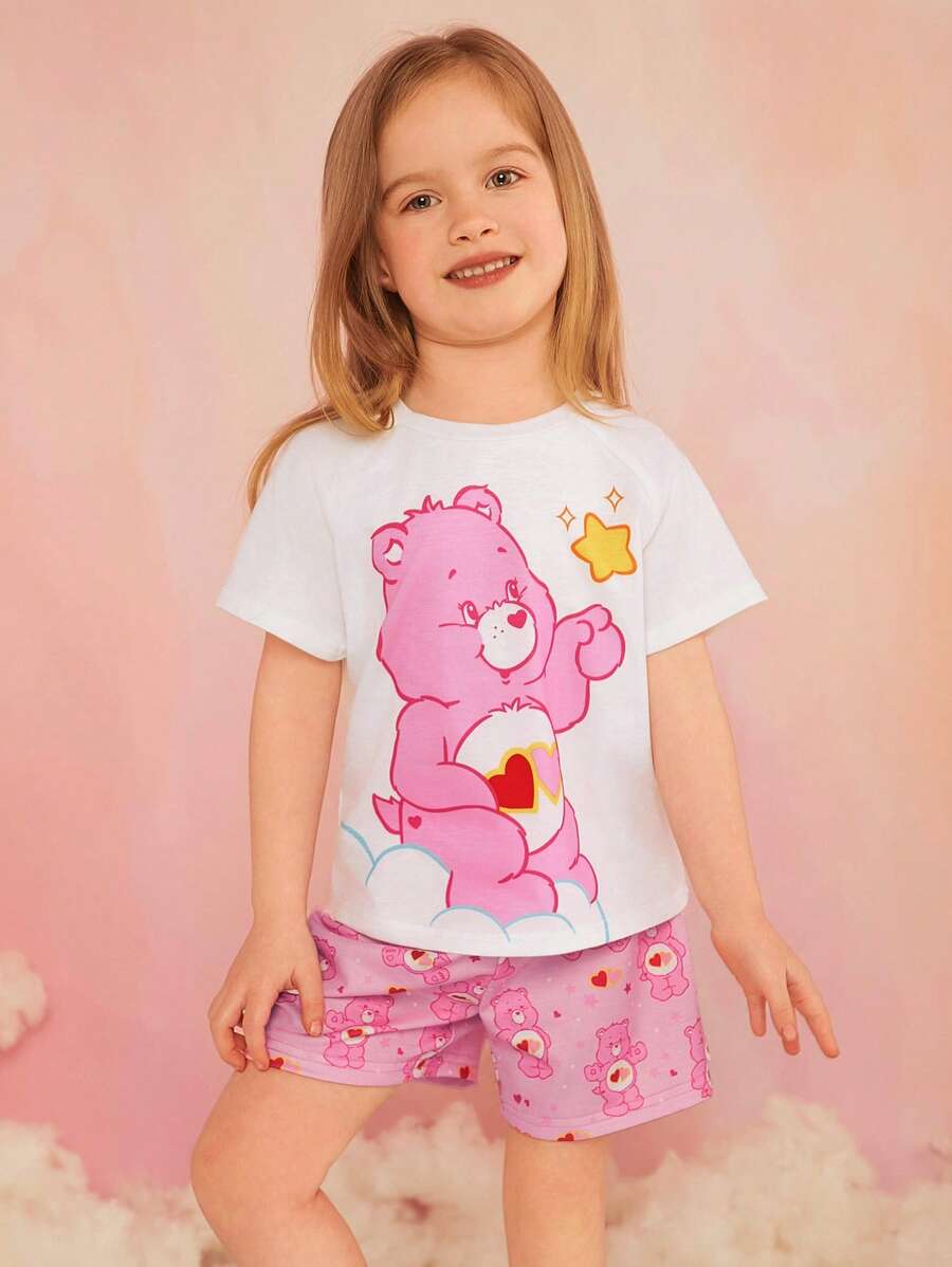 SHEIN X Care Bears Young Girl Pink Love-A-Lot Bear & Star Printed Knitted Raglan Sleeve Top And Shorts Pajama Set - Watermelon Pink - View 1