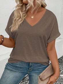 INAWLY Plus Size Solid Color V-Neck Batwing Sleeve T-Shirt, Summer - Coffee Brown - View 4
