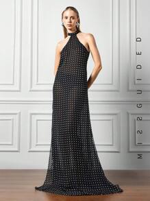 MISSGUIDED Vestido largo de gasa con lunares y escote de cuello halter - Negro - Ver 5
