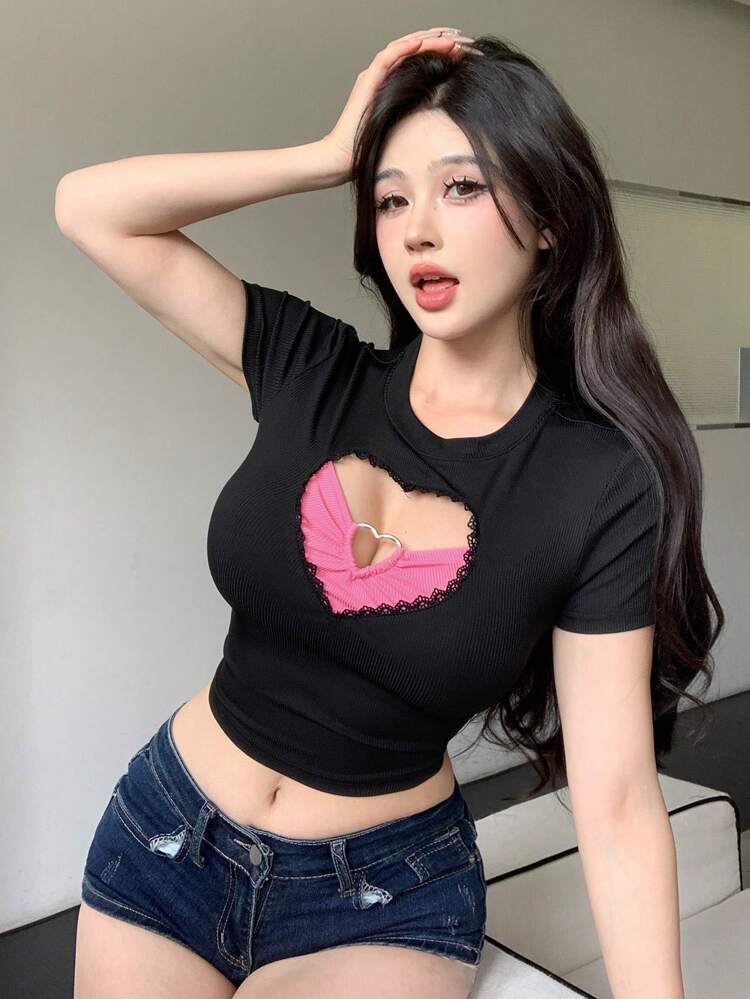 Valentine's Day Heart Pattern Color Block Hollow Out Short Sleeve T-Shirt For Women Summer,Crop Tops Women,Graphic Tees Valentine's Day