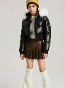 SHEIN Tween Girl 毛绒装饰连帽夹棉大衣 - 黑色 - 查看 5