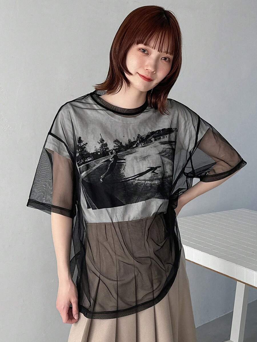 FRIFUL 女士宽松圆领网眼上衣，落肩蝙蝠袖，夏季透明 - 黑色 - 查看 1