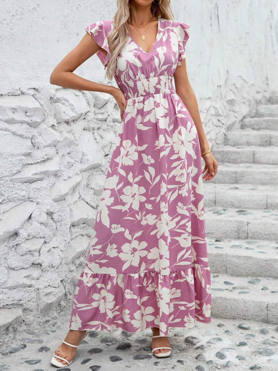 SHEIN Clasi Women Elegant Flower Print Ruffled Sleeve V-Neckline Long Dress - Multicolor - View 1