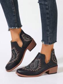 Botines cortos para mujer, estilo Chelsea con punta redonda, tacón mediano y suela con tacón, para tobillo - Negro - Ver 2