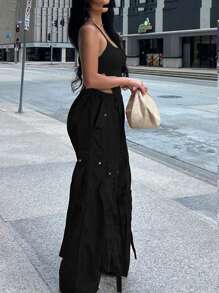 Solid Color Loose Cargo Pants With Pocket Ribbons, Casual - Black - View 5