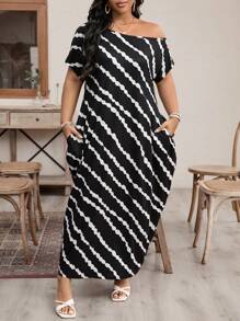 SHEIN LUNE Plus Size Oblique Shoulder Long Dress - Black and White - View 1