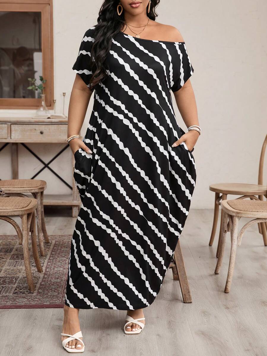 SHEIN LUNE Plus Size Oblique Shoulder Long Dress - Black and White - View 1