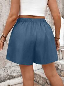 Calvaya Shorts de primavera verano plegados de unicolor de talla grande para uso diario informal - Neblina azul - Ver 2