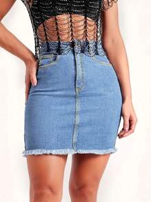 Tight-Fitting Pencil Denim Skirt With Frayed Hem