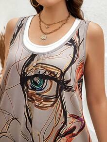 SHEIN LUNE 大尺寸女性夏季無袖肖像印花連衣裙 - 彩色 - 查看 4