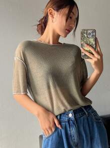 DAZY 女款夏季罗纹短袖T恤 - 綠色 - 查看 1