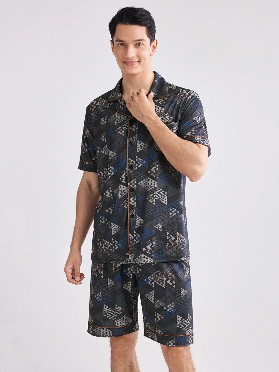 Men Casual Short Sleeve Top And Shorts Homewear Set (Short Sleeve Shorts)