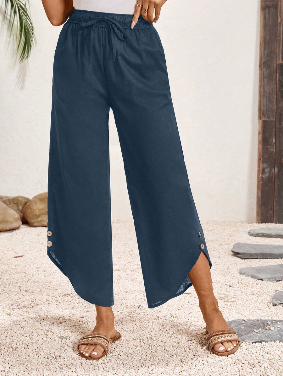 SHEIN LUNE Linen Solid Color Simple Daily Women\ Long Pants - Navy Blue - View 1