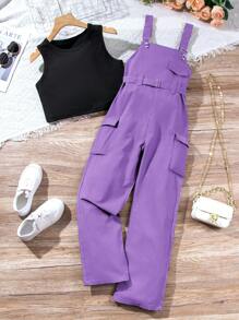 SHEIN Tween Girl Fashionable Workwear Style Overalls And Tank Top Two-Piece Set - Purple - View 3