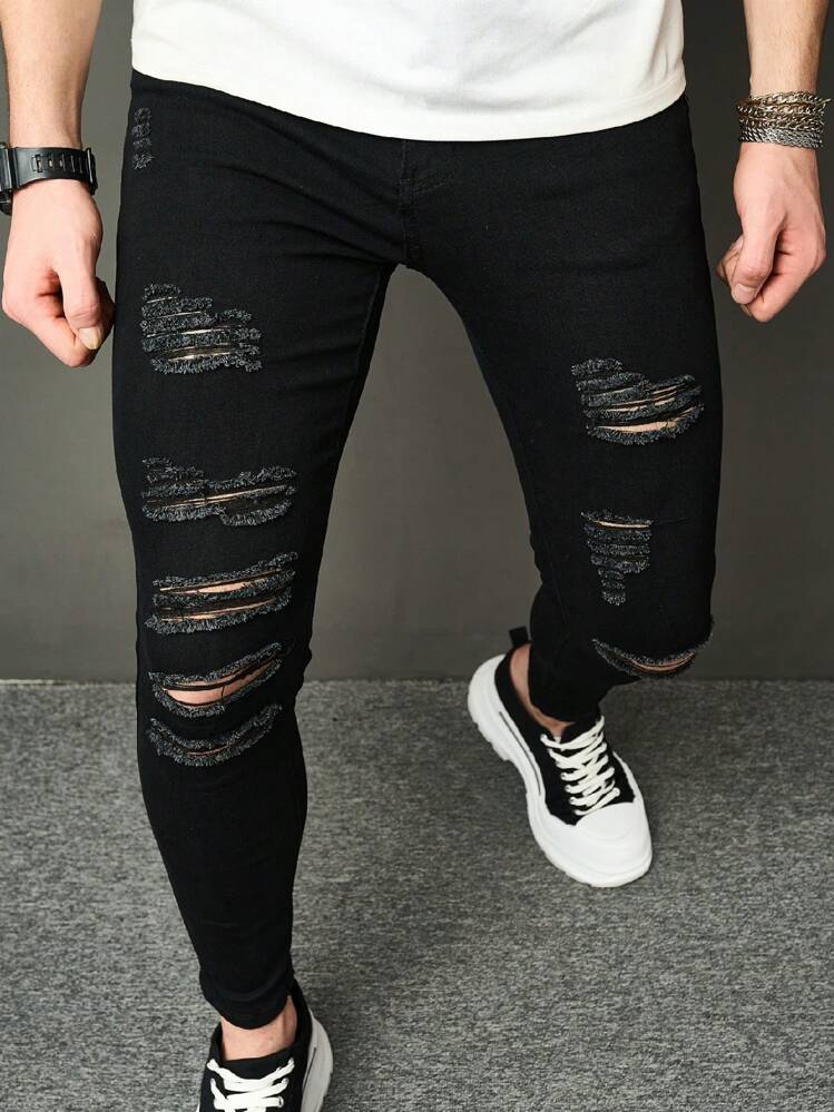 Manfinity LEGND Men Stylish Casual Streetwear Ripped Slim Fit Jeans For Daily Wear, Frayed Jeans Plain Slim Fit Long Black Cargo Jeans, For Husband, Boyfriend Gifts Going Out Hang Out Commute Street Party - Black - View 4