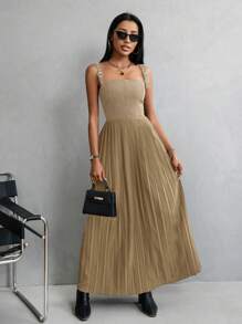 Aveloria Ladies' Summer Solid Buckle Detail Simple Strap Sleeveless Dress