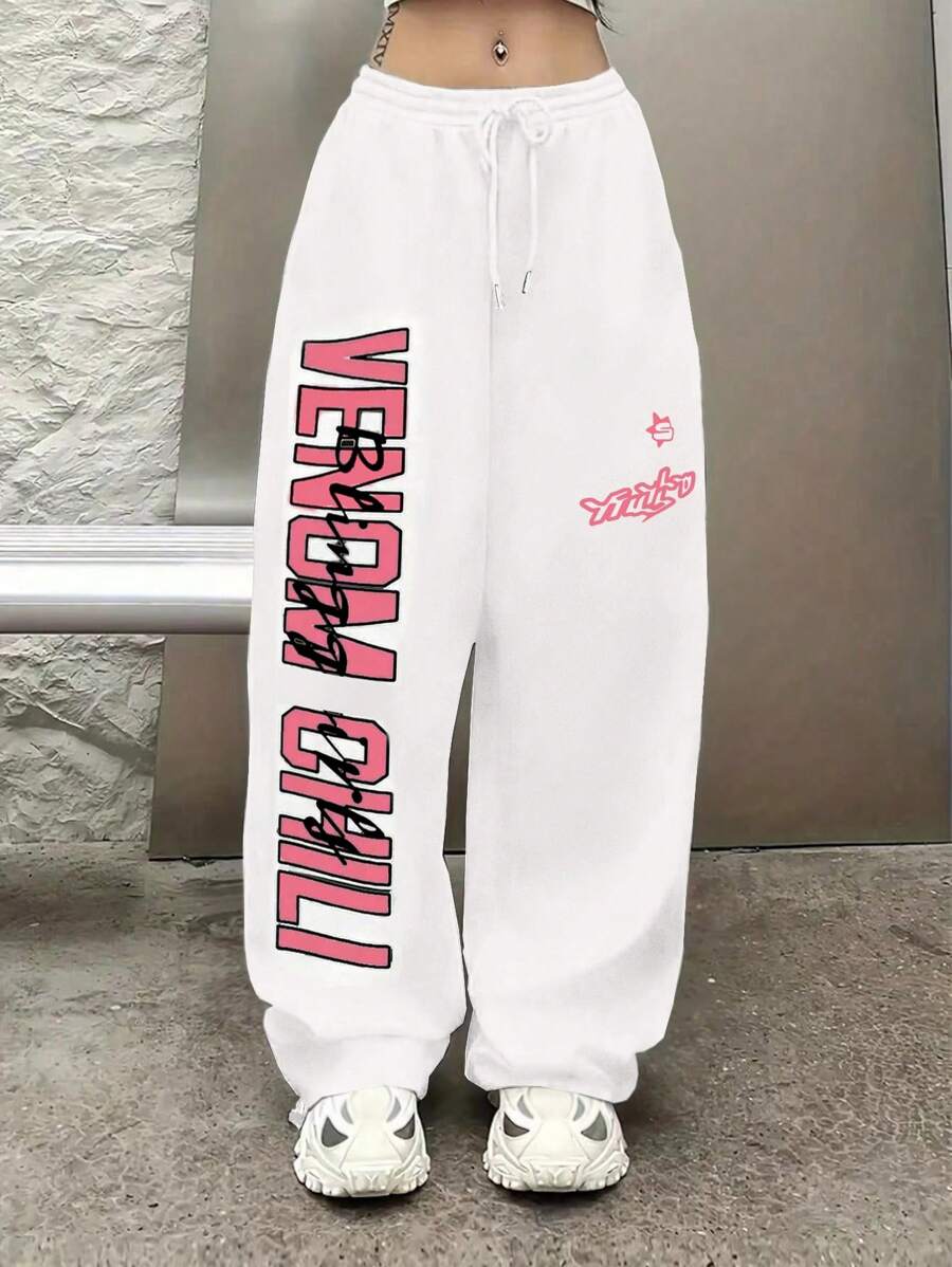 INAWLY Women's Fashionable Jogger Pants With Drawstring And Letter Print Design Graduation,Back To School Outfits,Graduation,Teacher Outfits For Women,Back To School Fall Cloth For Women - White - View 1