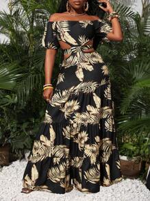 Slaydiva Rochie de damă, sexy, elegantă, ocazională, cu mânecă scurtă, cu umăr, decupată, cu imprimeu tropical, pentru întâlniri de vacanță și festival de muzică - Multicolor - Vizualizare 1