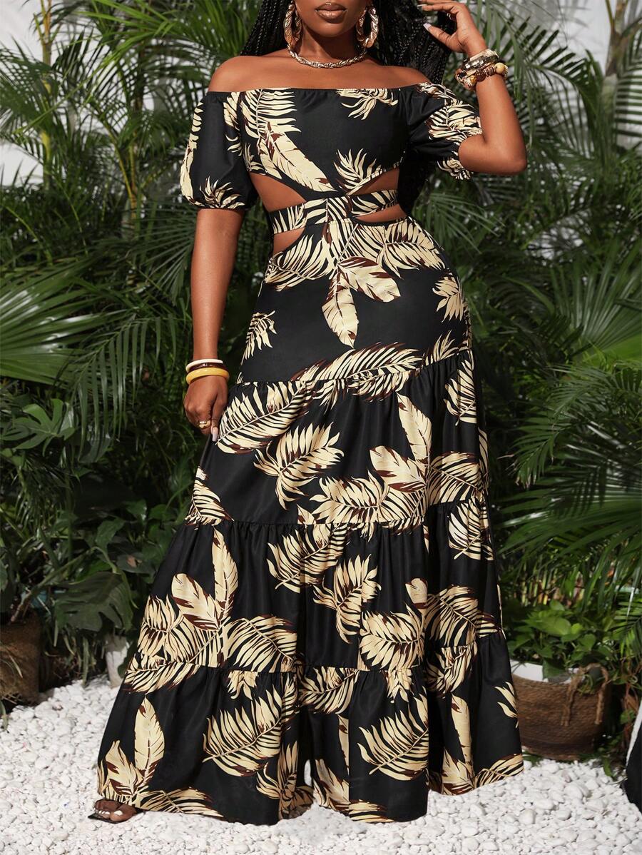 Slaydiva 女士性感优雅休闲短袖露肩腰部镂空热带印花连衣裙，适合节日约会和音乐节 - 彩色 - 查看 1