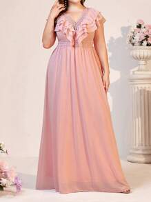 SHEIN Belle Vestido de dama de honor de talla grande de estilo bohemio con encaje y mangas con hojas de loto en color rosa melocotón para exteriores - Rosa - Ver 7