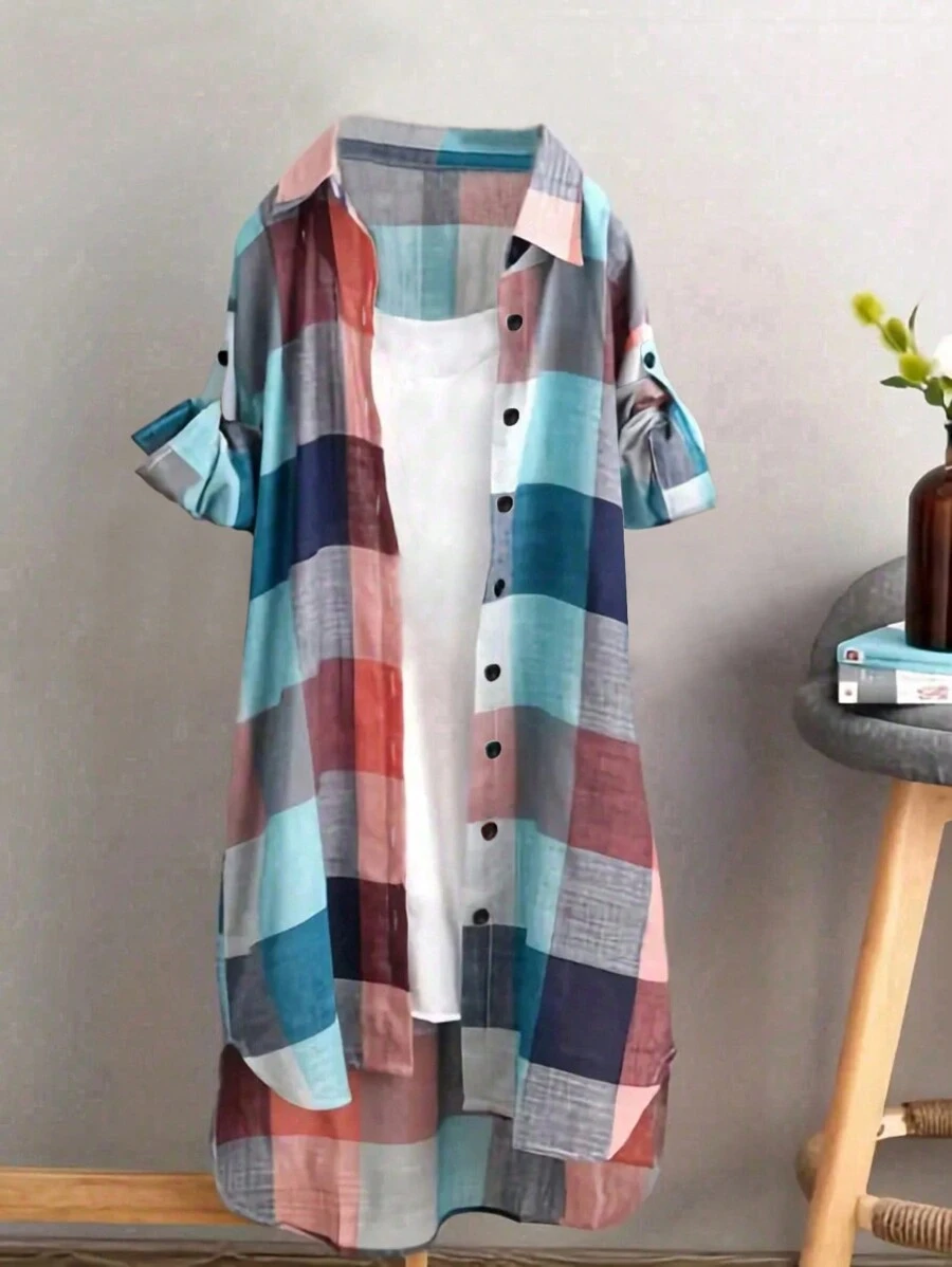 Plaid Print High Low Hem Shirt Without Tee