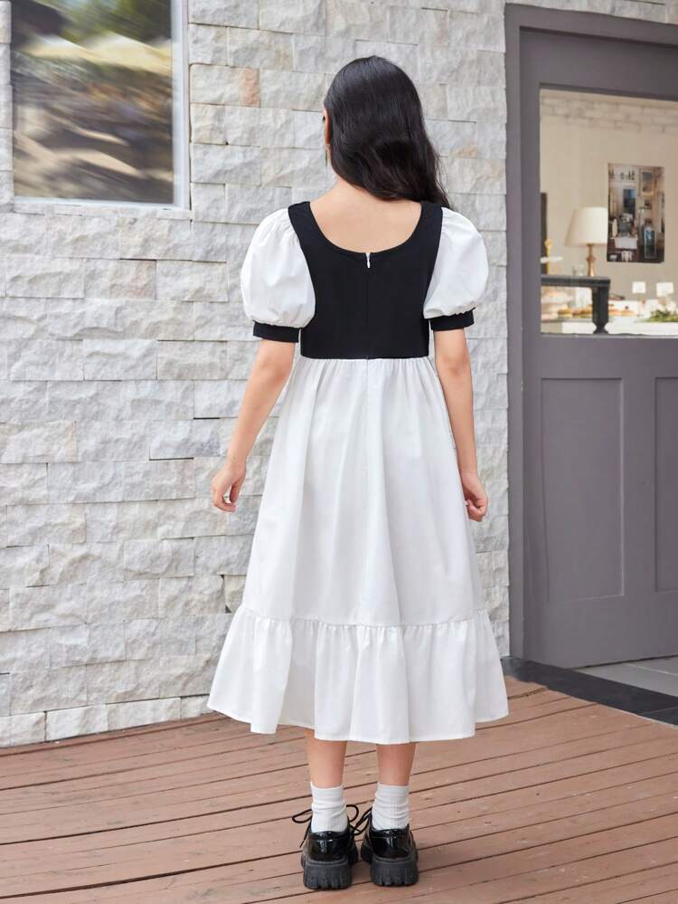 Tween Girl Loose Casual Color Block Bubble Sleeve Midi Dress