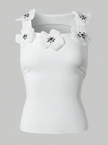 SHEIN Unity Women 3D Flower Decoration Tank Top - White - View 4