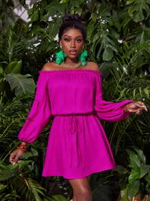 Slaydiva New Short Off Shoulder Lantern Sleeve Solid Color Dress With Drawstring Waist And Pocket Details - S