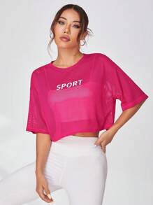 Easithlete Women 3D Letter Print Mesh Sports T-Shirt Gym Top