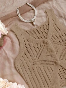 Soleia Asymmetric Crocheted Knitted Sweater For Women - Khaki - View 10