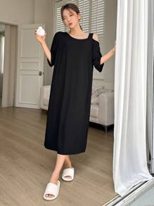 DAZY Modal Open Shoulder Loose Homewear Dress, Moo Moo Lounge Dress Pajama - Black - View 4