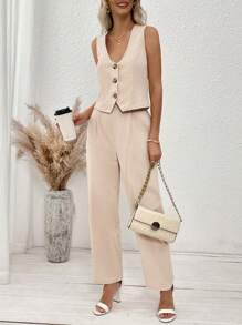 SHEIN Clasi Bộ vest và quần tây cài cúc dành cho nữ, Bộ trang phục đi làm bình thường hàng ngày - Màu Khaki - Xem 4