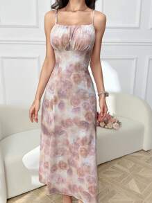 Modelyn 女士时尚法式印花连衣裙和荷叶边饰带前上衣两件套 - 粉色 - 查看 4