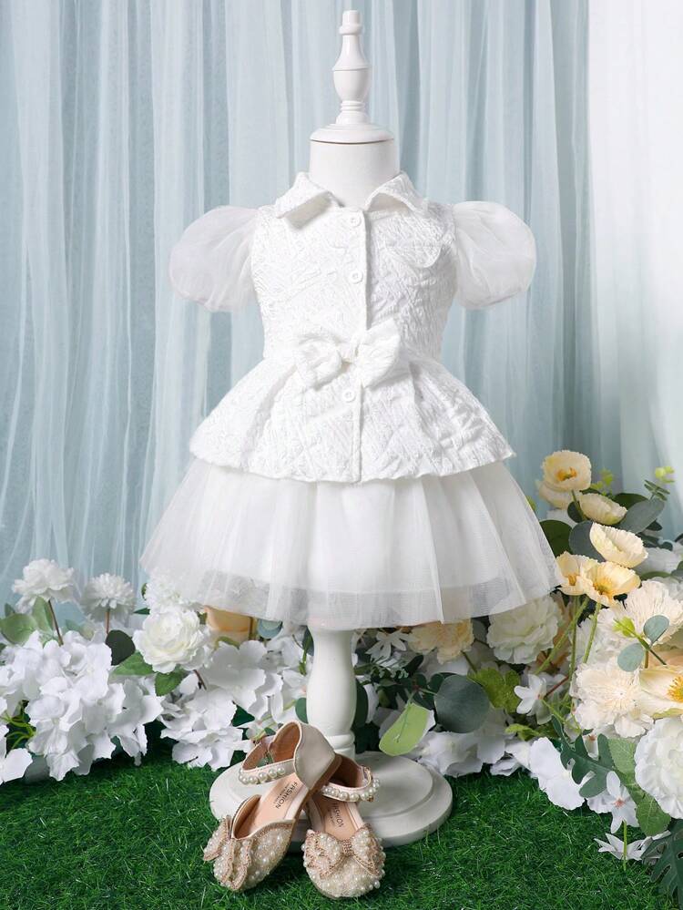 Baby Girl Party Texture Butterfly Decorated Top With Ruffle Hem And Mesh Contrast Skirt Set For Performance