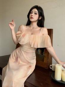 DAZY Ladies' Chiffon Off Shoulder Ruffle Hem Dress Sundress