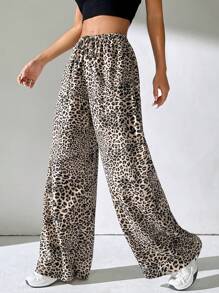SHEIN EZwear Pantalones Largos Para Mujer Con Estampado De Leopardo Y Cordón De Ajuste
